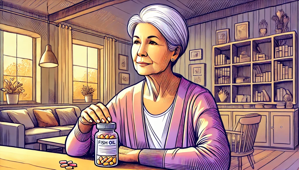 Feature image of an elderly woman with fish oil supplements