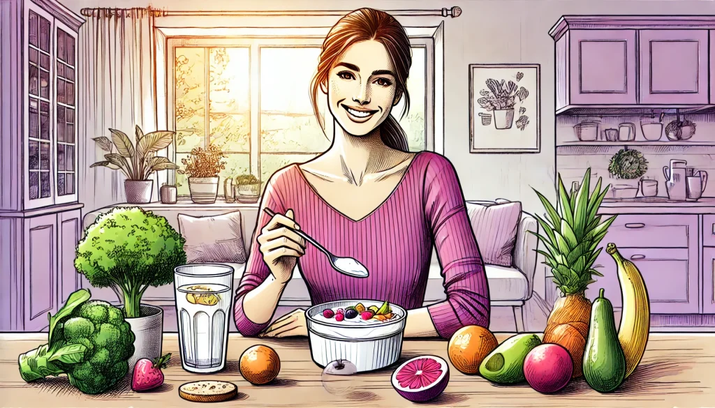 Image of a young woman eating yogurt and fruit