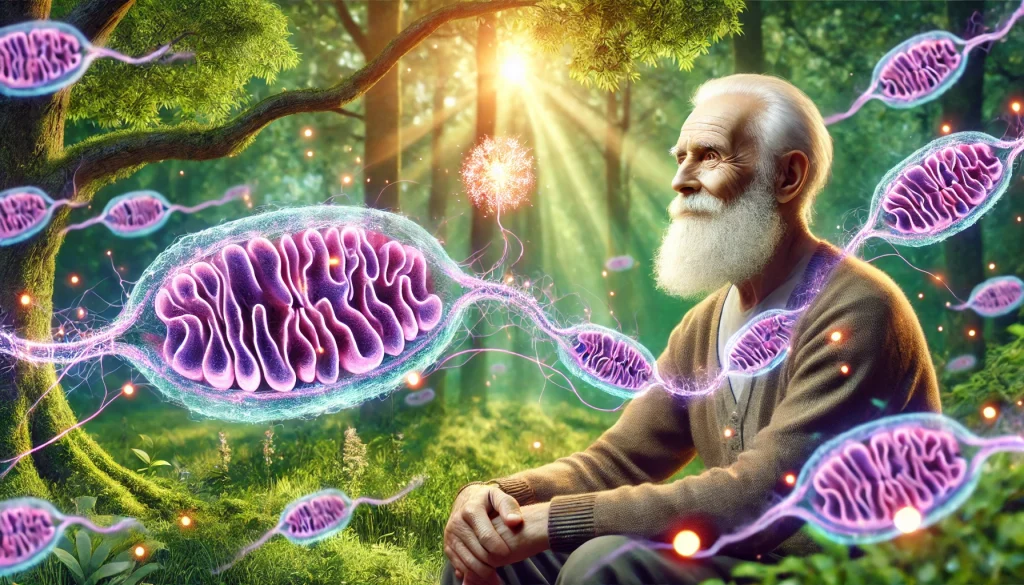 Image of an elderly man with mitochondria floating around him