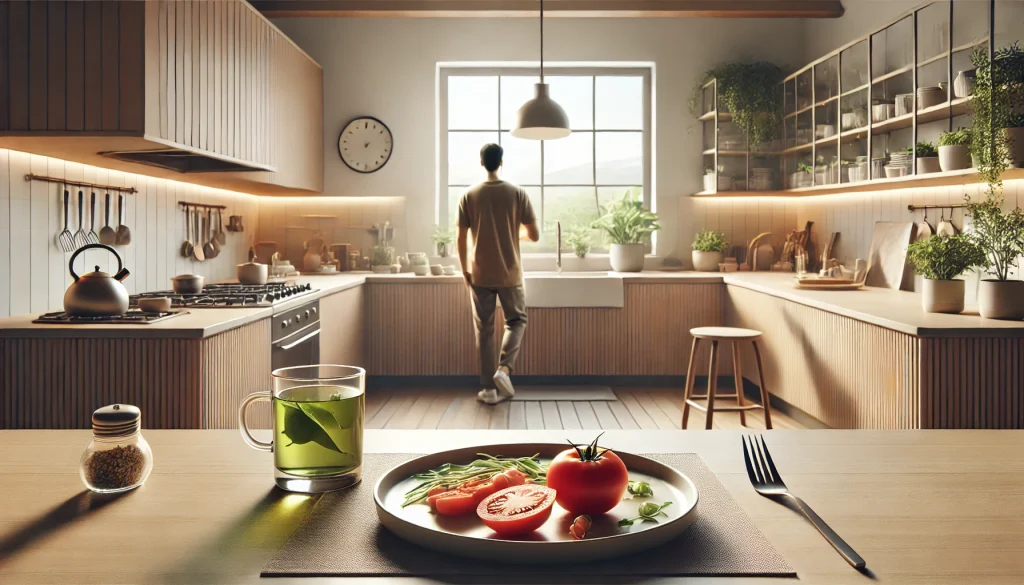 A photorealistic scene in a modern kitchen with subtle colors, wide angle view, landscape format. The kitchen features a counter with a cup of green t